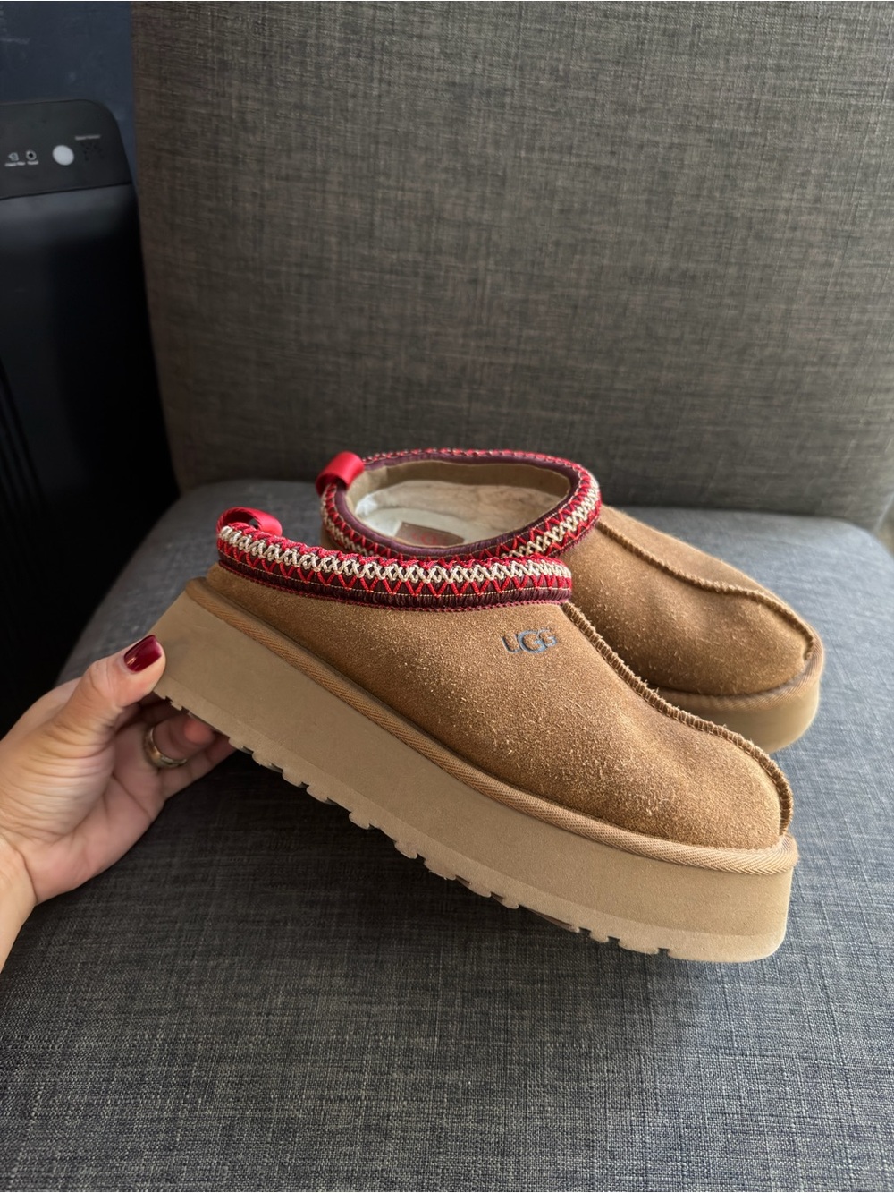 UGG Chestnut Suede Platform Mule with Red Trim